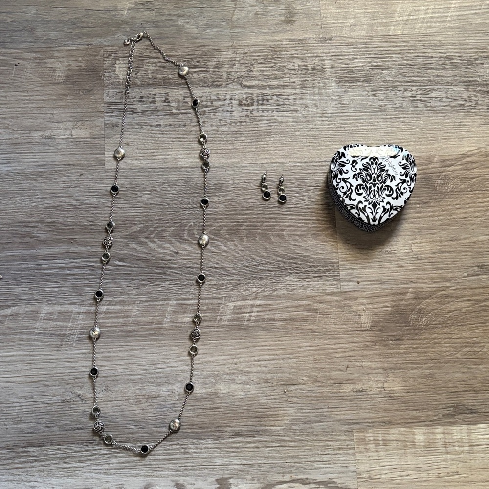 Brighton Crystal Necklace Black Smoke Silvertone Necklace Set